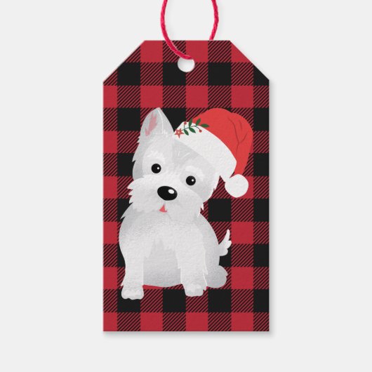 ウェスティーサンタハットバッファロープレイドホリデーデザイン ギフトタグ (正面)