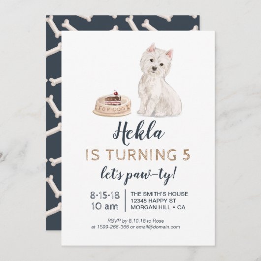 ウェスティー付きの子犬の誕生日招待 招待状 (正面/裏面)