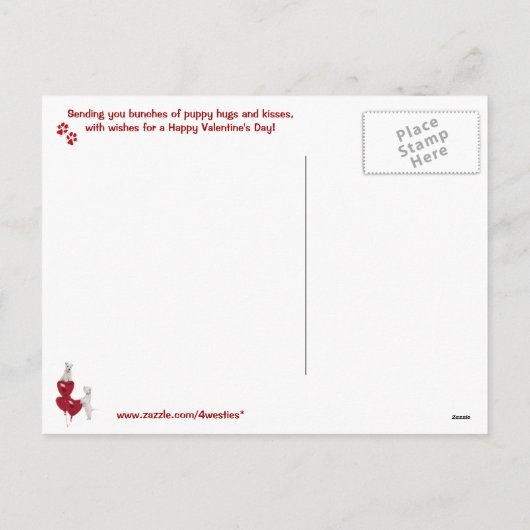 ウェスティー愛する鼻の付く子犬のハグバレンタイン シーズンポストカード (裏面)