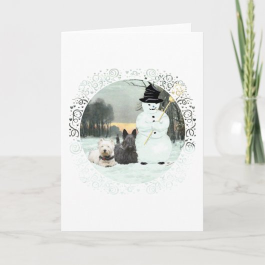 ウェスティー & スコッティーが雪だるまを作る シーズンカード (正面)
