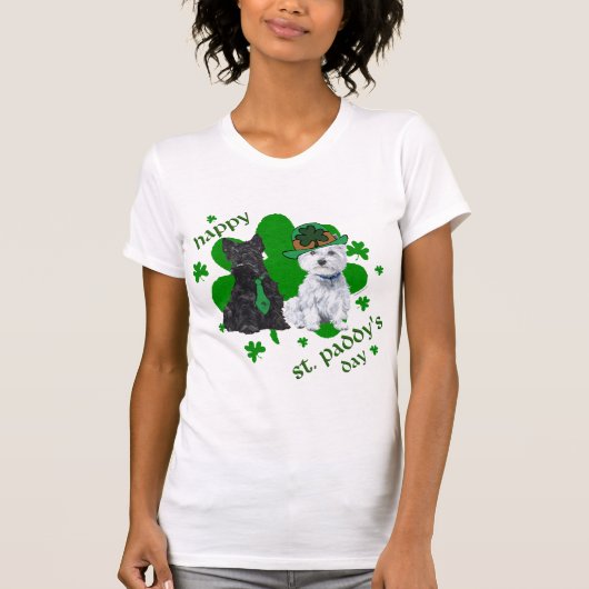 ウェストハイランドとスコティッシュテリアSt patricks day Tシャツ (正面)