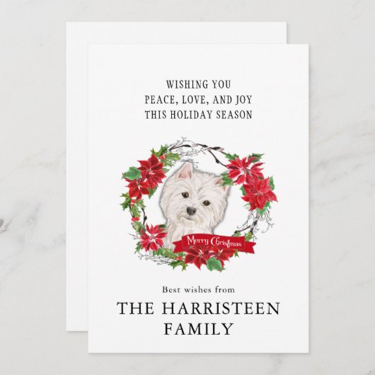 ウェストハイランドテリアウォーターカラーポインセチアリース シーズンカード (正面/裏面)