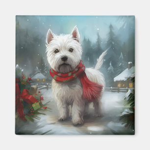 ウェストハイランドホワイトテリアの犬と雪のクリスマス マグネット