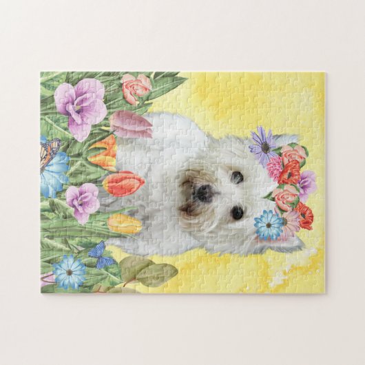 ウェストハイランドホワイトテリア犬と花のスプリン ジグソーパズル (横)