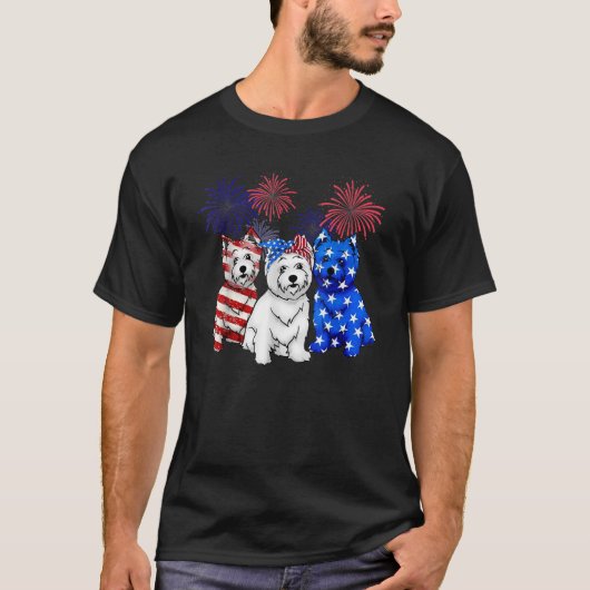 ウェストハイランドホワイトテリア米国国旗7月4日Dog M Tシャツ (正面)
