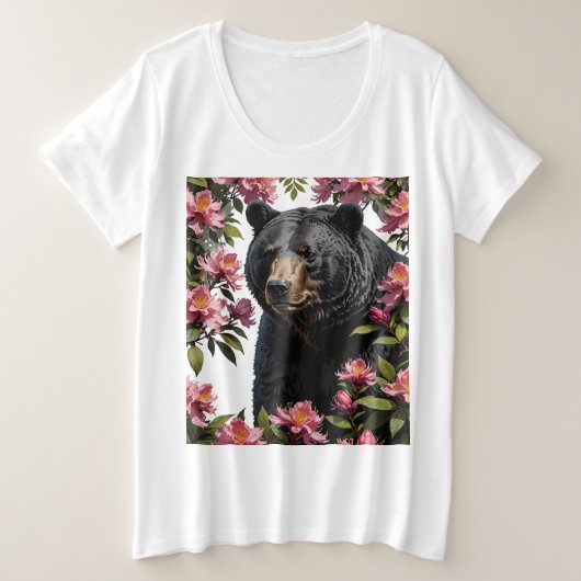ウェストバージニアのクマとピンクの花 プラスサイズTシャツ (デザイン正面)