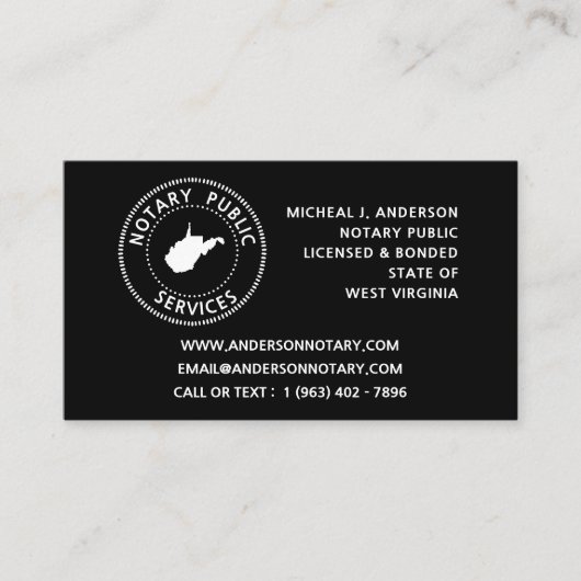 ウェストバージニア公証人公共サービス 名刺 (正面)
