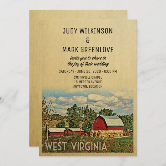 ウェストバージニア結婚式招待状ファームバ素朴ン 招待状 (正面/裏面)