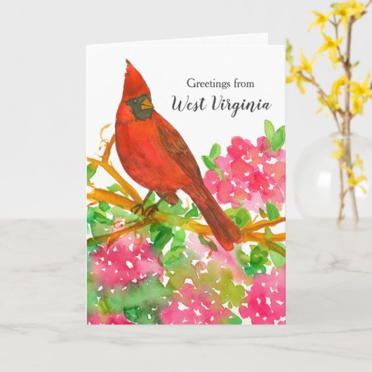 ウェストバージニア（鳥）ショウジョウコウカンチョウロードデンドロンからの挨拶 カード (黄色い花)