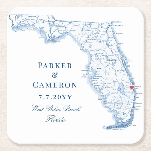 ウェストパームビーチフロリダマップエレガントウェディング スクエアペーパーコースター (正面)