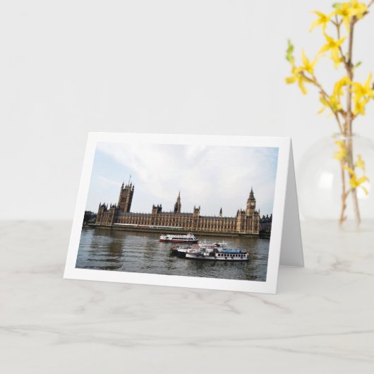 ウェストミンスター宮殿の外の川のボート カード (黄色い花)