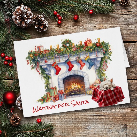 ウェストリートハイランドホワイトテリア犬がサンタを待つ