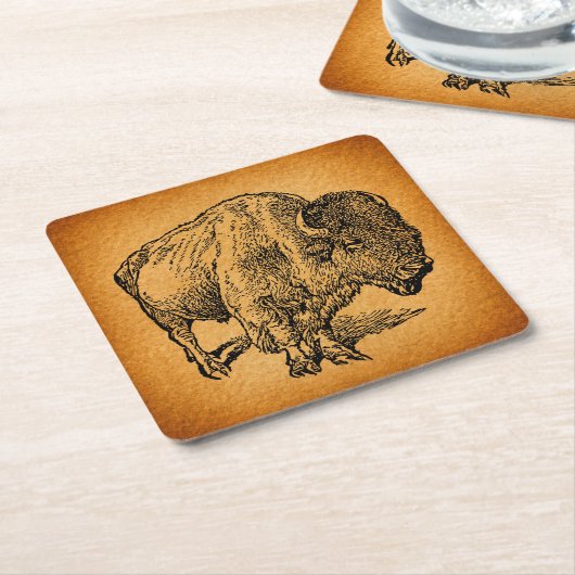 ウェス素朴タンワイルドバッファロービソンアンティークアート スクエアペーパーコースター (アングル)
