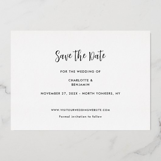 ウェッエレガントモダンディング日付の発表を保存 箔招待状 (裏面)