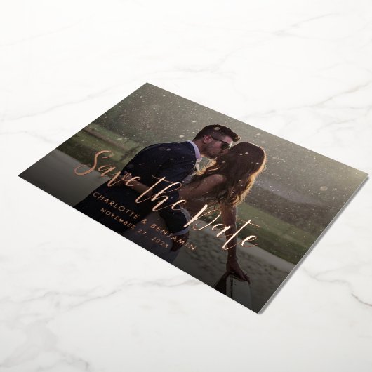 ウェッエレガントモダンディング日付の発表を保存 箔招待状 (回転した状態)