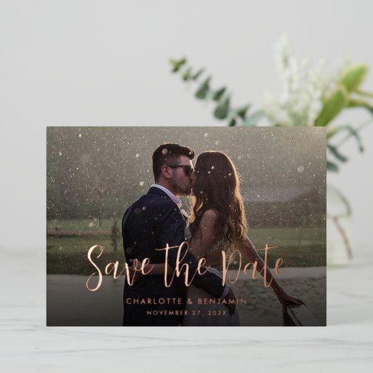 ウェッエレガントモダンディング日付の発表を保存 箔招待状 (立ち正面)