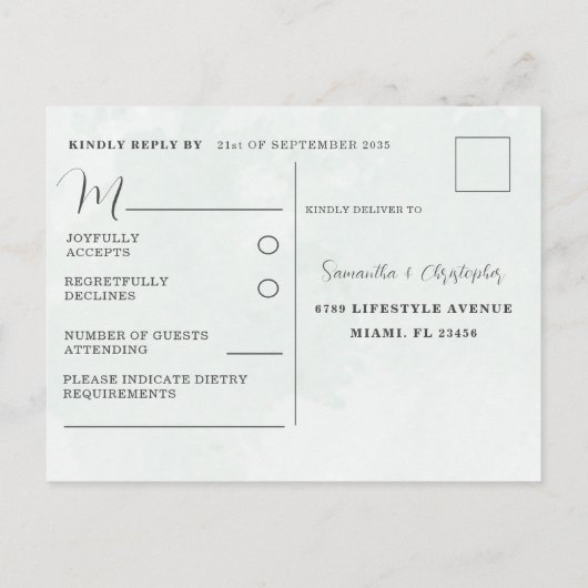 ウェッモダンディングRSVP水彩Sageグリーン インビテーションポストカード (裏面)