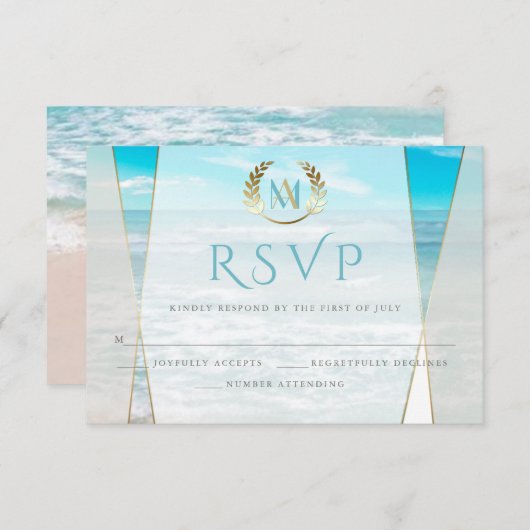 ウェディングの出欠確認 | 現代のイニシャルビーチウェディング 出欠カード (正面/裏面)