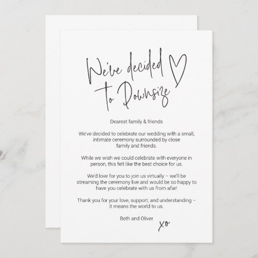 ウェディングの縮小発表カード 案内状 (正面/裏面)