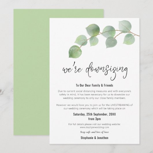 ウェディングの規模縮小 モダンスクリプト ユーカリ 案内状 (正面/裏面)
