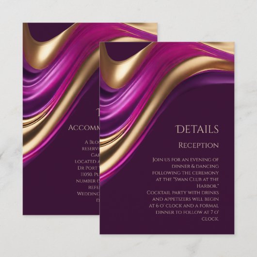 ウェディングの詳細 - 現代的な紫色のフクシアとゴールド - エンクロージャーカード (正面/裏面)