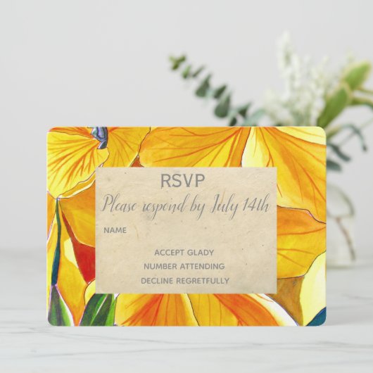 ウェディングの返信案内 黄色の花 田舎風の素朴さ 招待状 (スタンド正面)