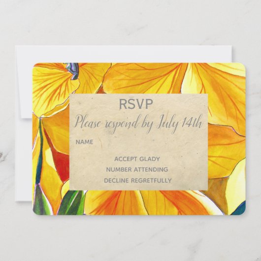 ウェディングの返信案内 黄色の花 田舎風の素朴さ 招待状 (正面)