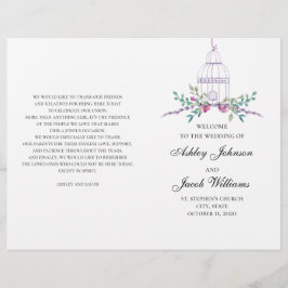 ウェディングの鳥かごプログラムが折り畳まれました。紫の花