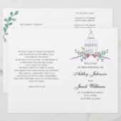 ウェディングの鳥かごプログラムが折り畳まれました。紫の花 (正面/裏面)