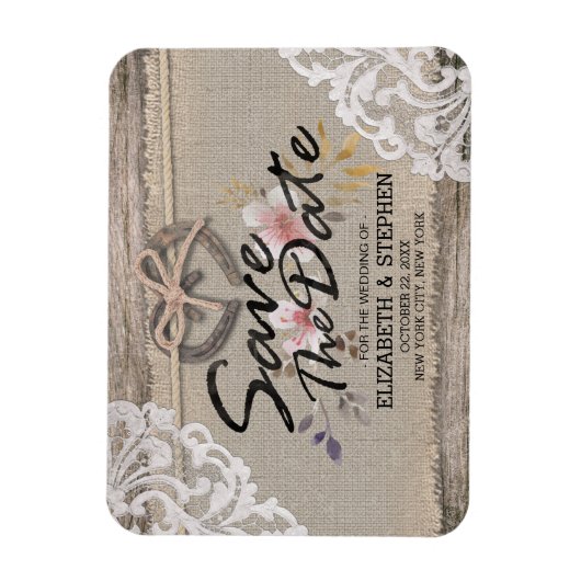 ウェディングは日付の馬蹄用のバ素朴ーラップレースを保存 マグネット (縦)