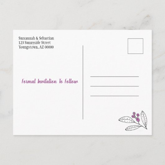 ウェディングは日付をミニマリスト紫の果実を保存 案内ポストカード (裏面)