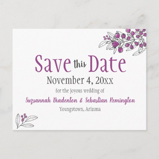 ウェディングは日付をミニマリスト紫の果実を保存 案内ポストカード (正面)