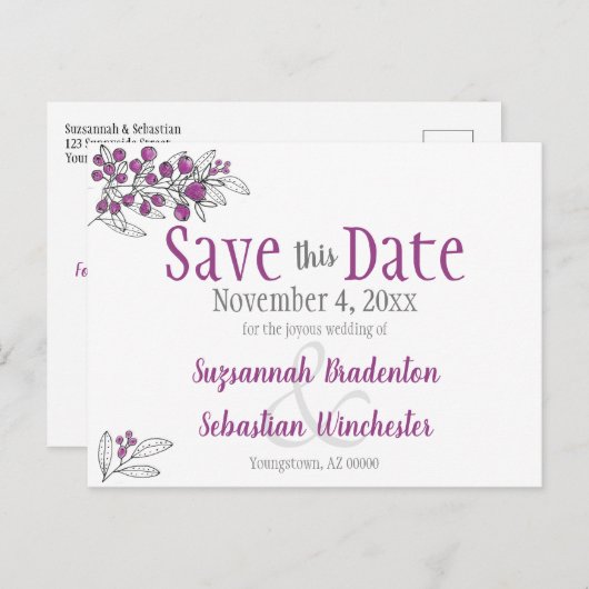 ウェディングは日付をミニマリスト紫の果実を保存 案内ポストカード (正面/裏面)