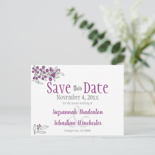 ウェディングは日付をミニマリスト紫の果実を保存 案内ポストカード (スタンド正面)