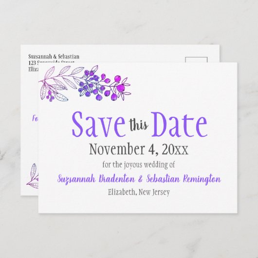 ウェディングは日付をミニマリスト紫の果実を保存 案内ポストカード (正面/裏面)