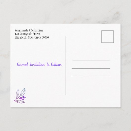 ウェディングは日付をミニマリスト紫の果実を保存 案内ポストカード (裏面)