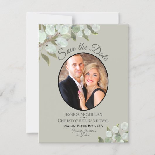 ウェディングは日付を保存する写真と緑のセージ マグネット招待状 (正面)
