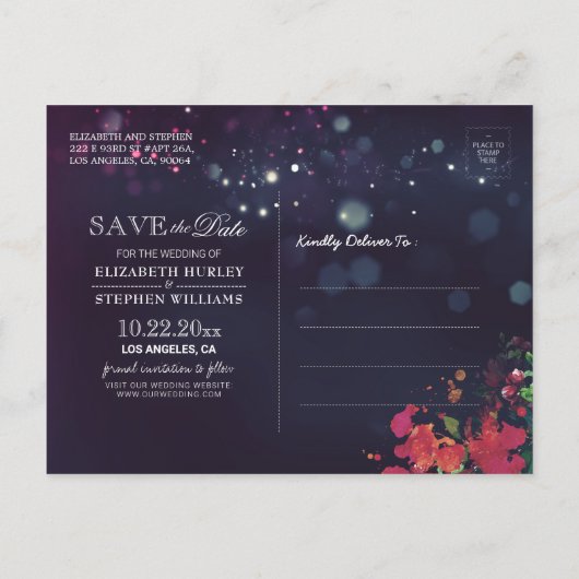 ウェディングは日付を保存ブルゴーニュフローラ紫の光 案内ポストカード (裏面)