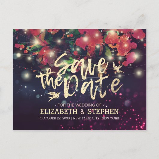 ウェディングは日付を保存ブルゴーニュフローラ紫の光 案内ポストカード (正面)