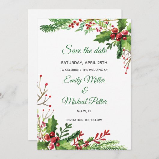 ウェディングは日付を保存ボタニカルヤドリギ絵を描ー セーブザデート (正面/裏面)