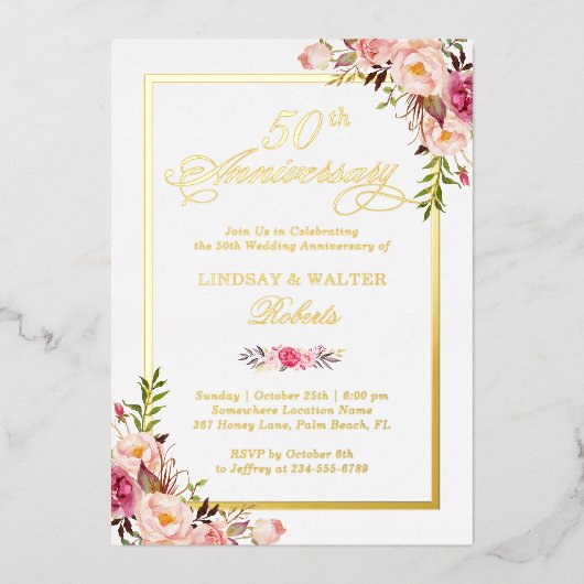 ウェディングアニバーサリー エレガント ブッシュ フローラル リアル ゴールド 箔招待状 (正面)