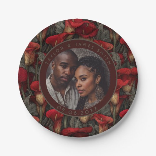 ウェディングアフターにおしゃれなカラーリリーのプレート , このサンセットトーンの水彩ラナンキュラス ペーパープレート (正面)