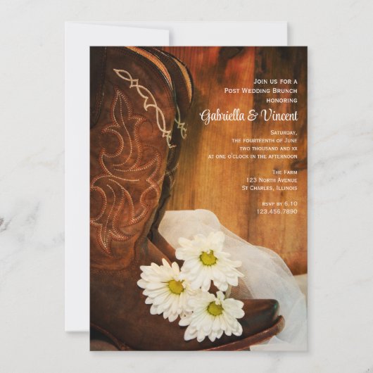 ウェディングアフターブランケット゛ 白いデイジーとカウボーイブーツ 招待状 (正面)