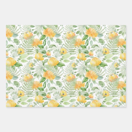 ウェディングイエローの芍薬と緑のヒカゲノカズラ ラッピングペーパーシート (正面3)