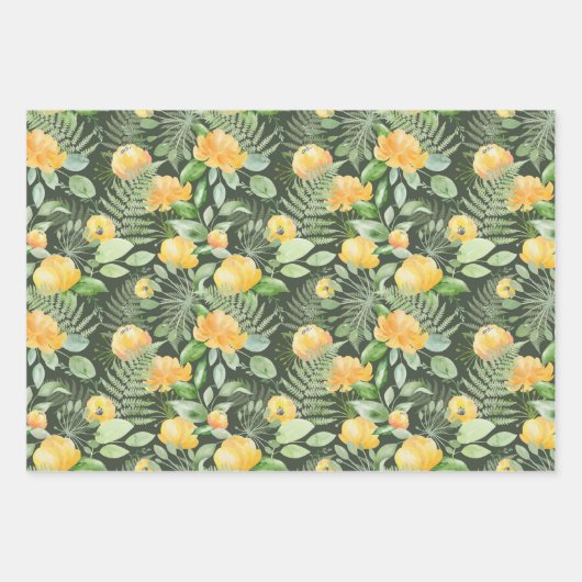 ウェディングイエローの芍薬と緑のヒカゲノカズラ ラッピングペーパーシート (正面)