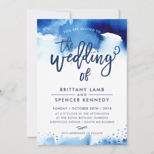 ウェディングイモダンンスタイリッシュグネイビーの水色 招待状 (正面)