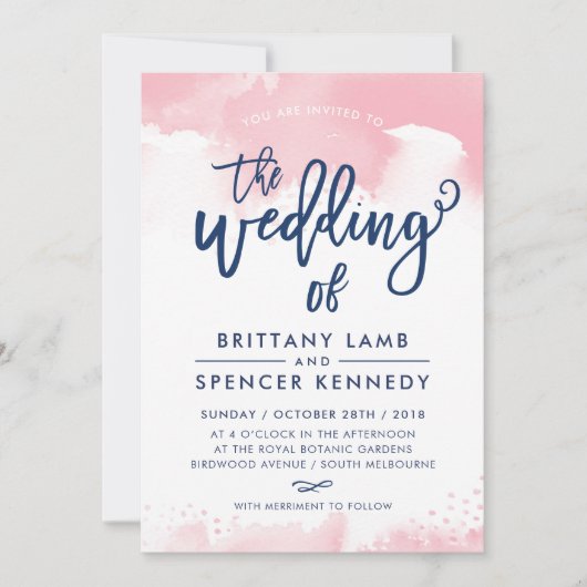 ウェディングイモダンンスタイリッシュビーピンクの水色 招待状 (正面)