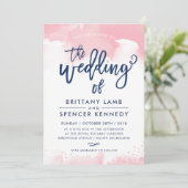 ウェディングイモダンンスタイリッシュビーピンクの水色 招待状 (スタンド正面)
