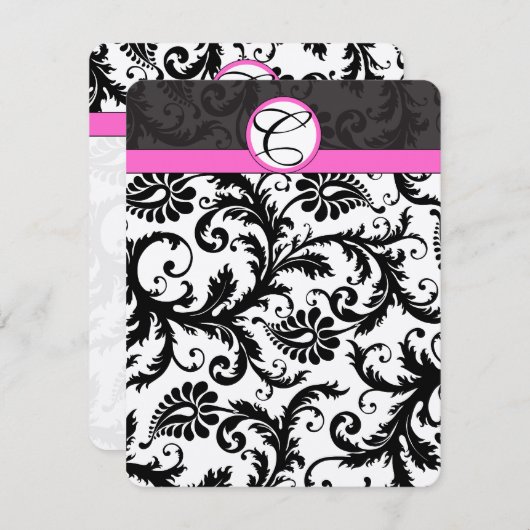 ウェディングウェルブラックダマスク熱ピンクトリム エンクロージャーカード (正面/裏面)