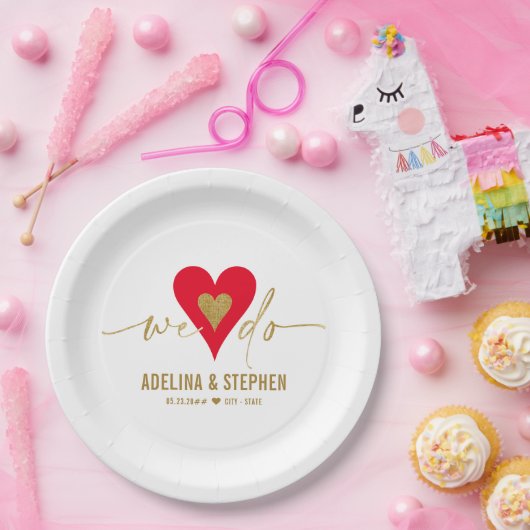 ウェディングエレガントデーシンプルハート私たちは金ゴールドスクリプトを行う ペーパープレート (パーティー)
